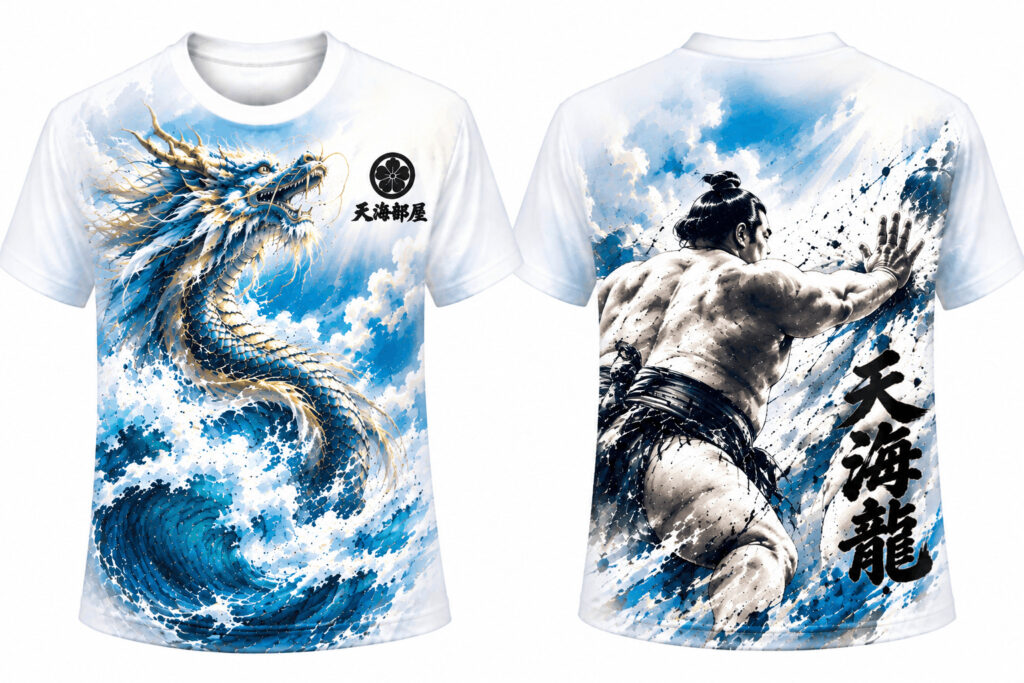 海から天へ昇る龍と力士の張り手を組み合わせた相撲部屋向けフルグラフィックTシャツ作成